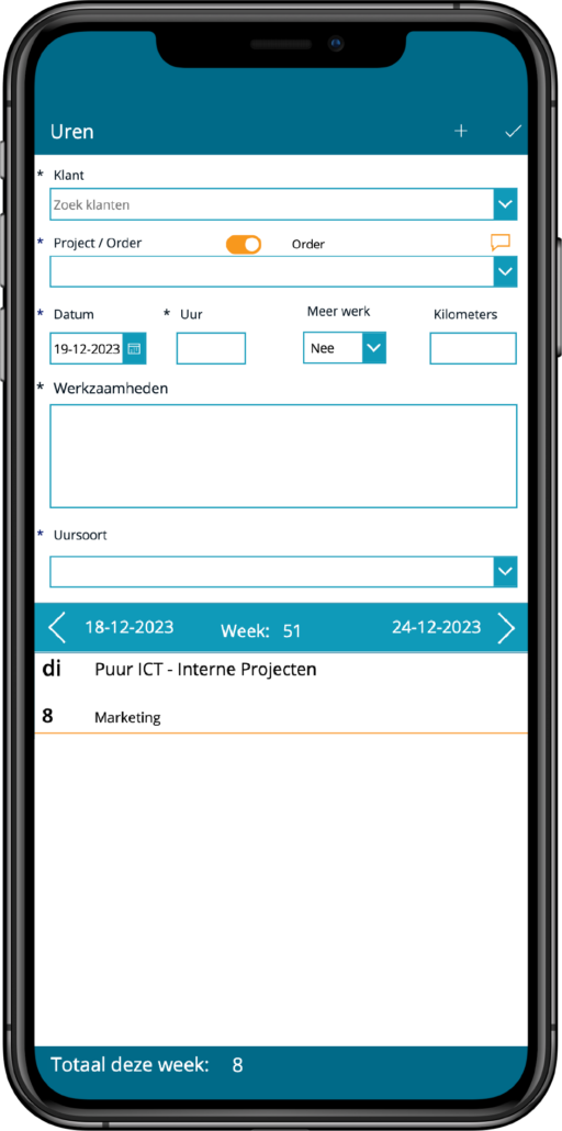 Urenregistratie app mobiele weergave