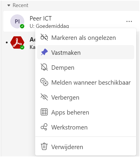 Chat vastpinnen Microsoft Teams