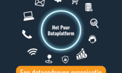 Een moderne, minimalistische coverafbeelding met een centraal, lichtgevend dataplatform in de vorm van een cirkel omringd door iconen die te maken hebben met verschillende databronnen. De achtergrond is donkerblauw wat een gevoel van connectiviteit, structuur en centrale dataopslag uitstraalt. De stijl is professioneel en technologisch, passend bij een blogpost over een dataplatform als centrale opslagbron voor alle data.