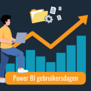 Illustratie met grafieken, een stijgende lijn en een persoon met laptop die data‑groei en het belang van Power BI‑kennis voor organisaties visualiseert.