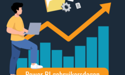 Illustratie met grafieken, een stijgende lijn en een persoon met laptop die data‑groei en het belang van Power BI‑kennis voor organisaties visualiseert.
