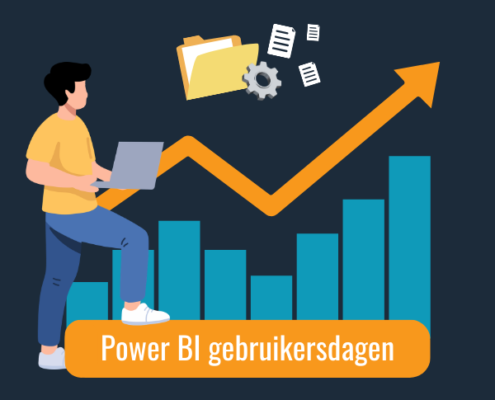 Illustratie met grafieken, een stijgende lijn en een persoon met laptop die data‑groei en het belang van Power BI‑kennis voor organisaties visualiseert.
