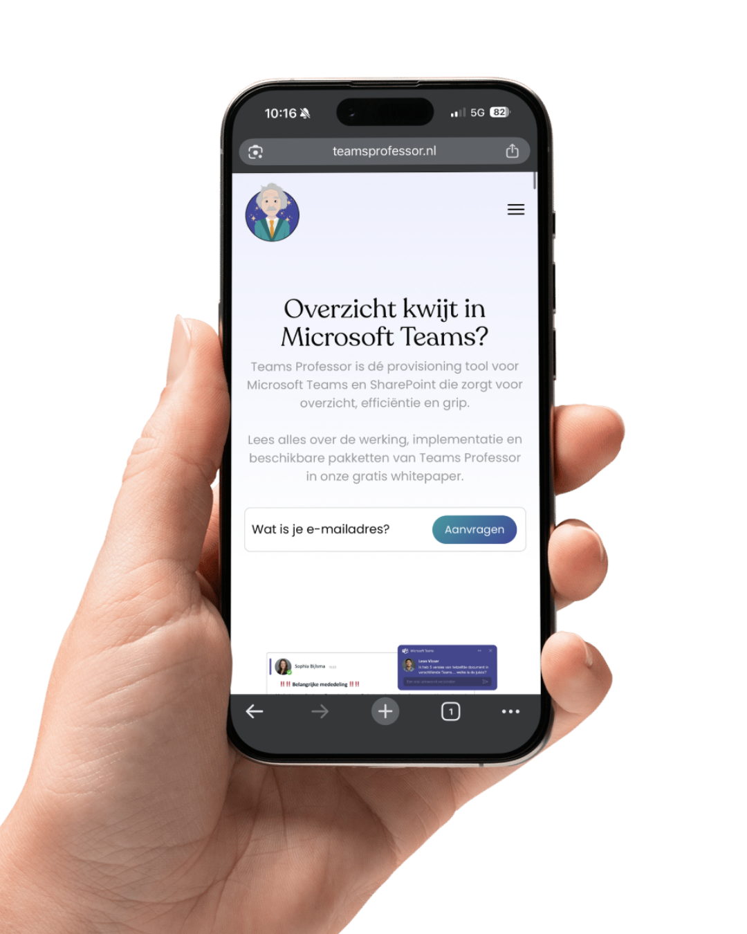 Een telefoon met de website van Teams Professor er voor.