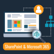 Illustratie van een SharePoint-omgeving binnen Microsoft 365, met documenten, structuur, vindbaarheid en informatiebeheer visueel weergegeven.