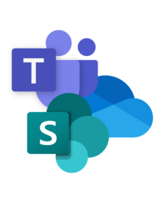 De logo’s van Microsoft OneDrive, Microsoft Teams en SharePoint, onderdeel van het Microsoft 365-platform.