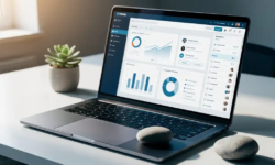 Laptop met CRM-dashboard op zakelijk bureau, naast een riviersteen en klein succulent, in zacht natuurlijk licht.
