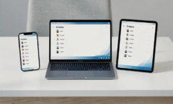 Smartphone, laptop en tablet op wit bureau met gesynchroniseerde contactenlijst in Microsoft 365-werkomgeving.