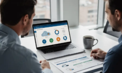 IT-consultant bespreekt Microsoft 365-roadmap met klant aan modern bureau met laptop en koffie, zacht noordelijk licht.