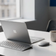 Microsoft Surface laptop op een minimalistische witte bureau met draadloos toetsenbord, muis en dampende koffie in natuurlijk daglicht.
