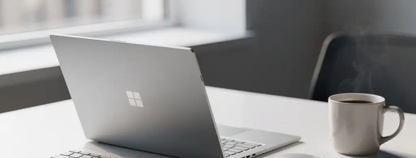 Microsoft Surface laptop op een minimalistische witte bureau met draadloos toetsenbord, muis en dampende koffie in natuurlijk daglicht.
