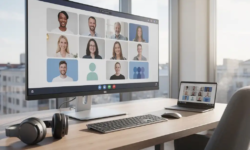 Ultrabreed monitor met Microsoft Teams-vergadering op een staand bureau in een Scandinavisch kantoor met groot raam en natuurlijk daglicht.