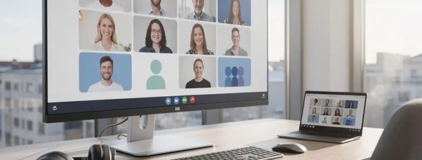 Ultrabreed monitor met Microsoft Teams-vergadering op een staand bureau in een Scandinavisch kantoor met groot raam en natuurlijk daglicht.