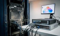 Stoftige serverrack wordt losgekoppeld in serverruimte met Microsoft 365-cloudinterface op monitor op de achtergrond.