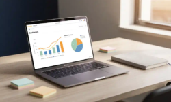 Power BI-dashboard op laptopscherm op modern bureau met sticky notes, notebook en warm natuurlijk licht.