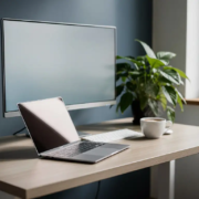 Staand bureau van licht eikenhout met laptop, draadloos toetsenbord en dampende koffie, tweede monitor en groene plant op de achtergrond.