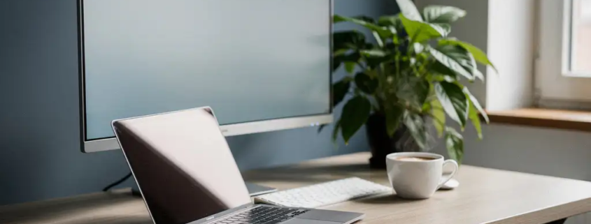 Staand bureau van licht eikenhout met laptop, draadloos toetsenbord en dampende koffie, tweede monitor en groene plant op de achtergrond.