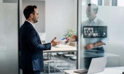 Professional in glazen vergaderruimte overhandigt tijdelijke bezoekerspas aan externe partner bij halfopen deur, modern kantoor.