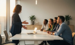 Diverse collega's rond vergadertafel in modern Nederlands kantoor, één persoon wijst naar laptop terwijl anderen geëngageerd toekijken.