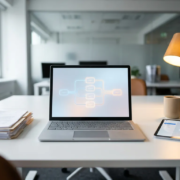 Microsoft Surface laptop op wit bureau met digitaal automatiseringsschema op scherm, papieren workflows vervangen door digitale processen.