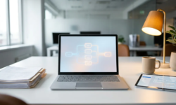 Microsoft Surface laptop op wit bureau met digitaal automatiseringsschema op scherm, papieren workflows vervangen door digitale processen.