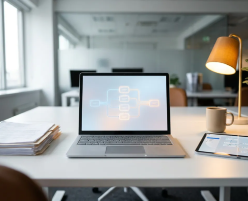 Microsoft Surface laptop op wit bureau met digitaal automatiseringsschema op scherm, papieren workflows vervangen door digitale processen.