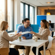 IT-professional overhandigt laptop aan kantoormanager aan modern bureau in lichte open kantoorruimte.