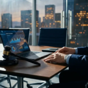 bestuur-beveiliging-gavel-laptop-boardroom.jpg Bestuurder in pak met houten hamer naast laptop met beveiligingsdashboard in moderne vergaderzaal.