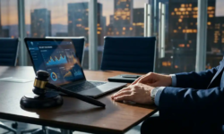 Bestuurder in pak met houten hamer naast laptop met beveiligingsdashboard in moderne vergaderzaal.