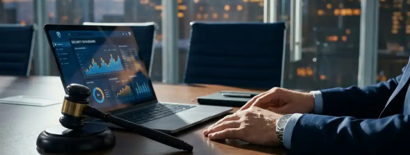 Bestuurder in pak met houten hamer naast laptop met beveiligingsdashboard in moderne vergaderzaal.