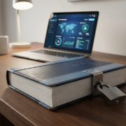 naleving-document-beveiliging-slot-laptop.jpg Officieel nalevingsdocument met stalen hangslot op modern bureau, laptop met beveiligd netwerkdashboard op achtergrond.