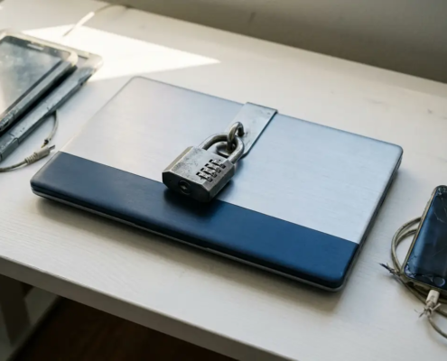 Zakelijke laptop beveiligd met stalen cijferslot op wit bureau, omringd door niet-gecertificeerde apparaten.