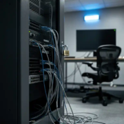 server-rack-vergrendeld-kantoor-uitval.jpg Vergrendeld serverrek in donker kantoor met loshangende ethernetkabels, verlicht door blauw noodlicht en diepe schaduwen.