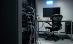 Vergrendeld serverrek in donker kantoor met loshangende ethernetkabels, verlicht door blauw noodlicht en diepe schaduwen.