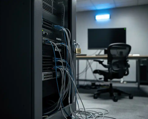 Vergrendeld serverrek in donker kantoor met loshangende ethernetkabels, verlicht door blauw noodlicht en diepe schaduwen.
