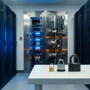 Stalen kluisdeur op een kier in moderne serverruimte, met drie hangsloten op de voorgrond die oplopende beveiligingsniveaus symboliseren.