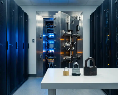 Stalen kluisdeur op een kier in moderne serverruimte, met drie hangsloten op de voorgrond die oplopende beveiligingsniveaus symboliseren.