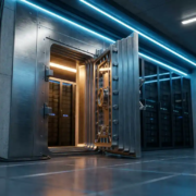 Zware stalen kluisdeur op een kier in een moderne serverruimte, met zichtbare beveiligingsmechanismen en blauw-amberkleurig licht.