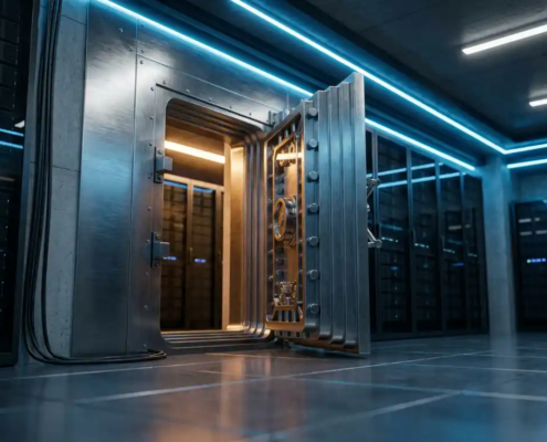 Zware stalen kluisdeur op een kier in een moderne serverruimte, met zichtbare beveiligingsmechanismen en blauw-amberkleurig licht.