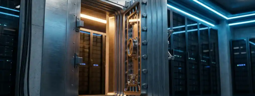 Zware stalen kluisdeur op een kier in een moderne serverruimte, met zichtbare beveiligingsmechanismen en blauw-amberkleurig licht.