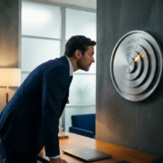 Directeur bestudeert een gelaagde beveiligingsmeter op een moderne kantoorwand, verlicht door warm omgevingslicht in marineblauw en zilver tinten.