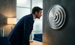 Directeur bestudeert een gelaagde beveiligingsmeter op een moderne kantoorwand, verlicht door warm omgevingslicht in marineblauw en zilver tinten.