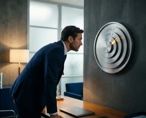 Directeur bestudeert een gelaagde beveiligingsmeter op een moderne kantoorwand, verlicht door warm omgevingslicht in marineblauw en zilver tinten.