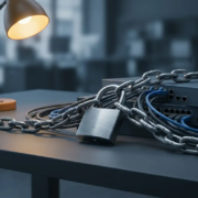 Stalen ketting met hangslot om serverbekabeling en netwerkhardware op modern bureau, symbool voor cyberbeveiliging.