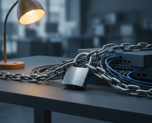 Stalen ketting met hangslot om serverbekabeling en netwerkhardware op modern bureau, symbool voor cyberbeveiliging.
