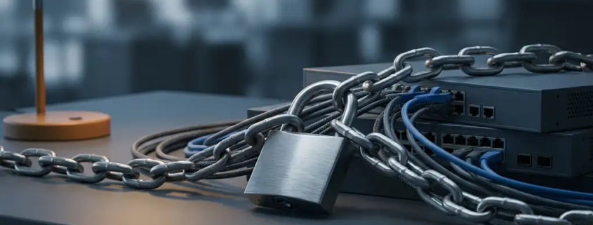 Stalen ketting met hangslot om serverbekabeling en netwerkhardware op modern bureau, symbool voor cyberbeveiliging.