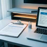 Beveiligingsaudit klembord op modern bureau naast laptop met compliance checklist en combinatieslot als beveiligingssymbool.