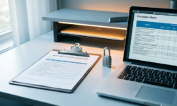 Beveiligingsaudit klembord op modern bureau naast laptop met compliance checklist en combinatieslot als beveiligingssymbool.