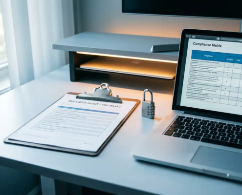 Beveiligingsaudit klembord op modern bureau naast laptop met compliance checklist en combinatieslot als beveiligingssymbool.