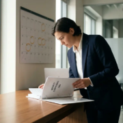 Bedrijfsleider bestudeert beveiligingscompliancemap aan modern bureau, laptop en wandkalender op de achtergrond.