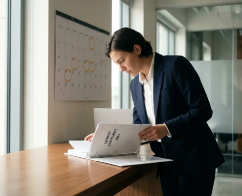 Bedrijfsleider bestudeert beveiligingscompliancemap aan modern bureau, laptop en wandkalender op de achtergrond.